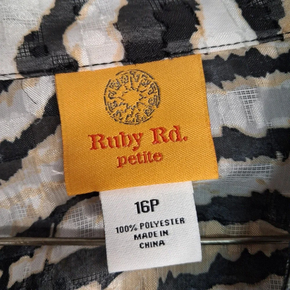 Ruby Rd. Blouse Womens 16P Black Zebra Print Roll-Tab Sleeve Burnout Button Up